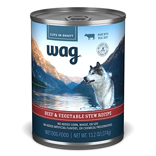 Бренд Amazon - Влажный консервированный корм для собак Wag, Рецепт тушеной говядины с овощами, 13,2 унции (упаковка из 12)