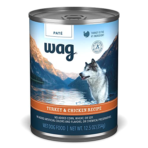 Бренд Amazon - Влажный консервированный корм для собак Wag, рецепт с индейкой и курицей, 12,5 унций (упаковка из 12)