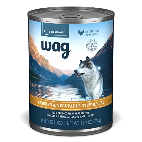 Amazon Brand - Wag Влажный консервированный корм для собак, Рецепт тушеной курицы с овощами, банка 13,2 унции (упаковка из 12)